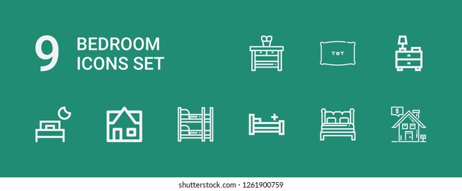 Editable 9 bedroom icons for web and mobile. Set of bedroom included icons line Real estate, Bed, Hospital bed, Bunk bed, Nightstand, Pillow on green background