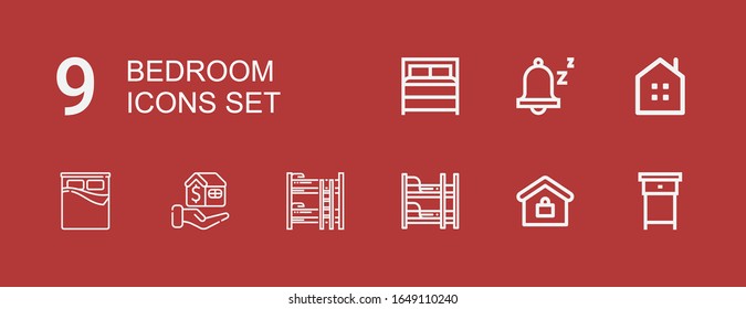 Iconos editables de 9 dormitorios para web y móvil. Conjunto de iconos de línea de dormitorio que incluyen: Pista de noche, Inmobiliario, cama de maletero, hipoteca, cama, sordo en rojo