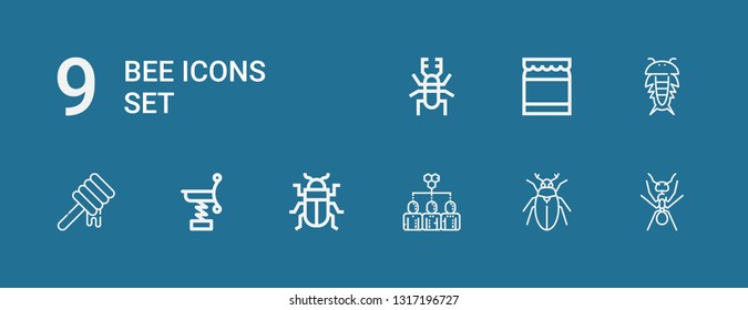 Editable 9 bee icons for web and mobile. Set of bee included icons line Ant, Beetle, Hive, Spring, Honey, Insect on blue background