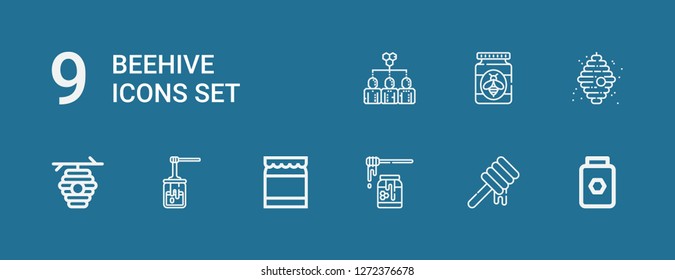 Editable 9 beehive icons for web and mobile. Set of beehive included icons line Honey, Beehive, Hive on blue background