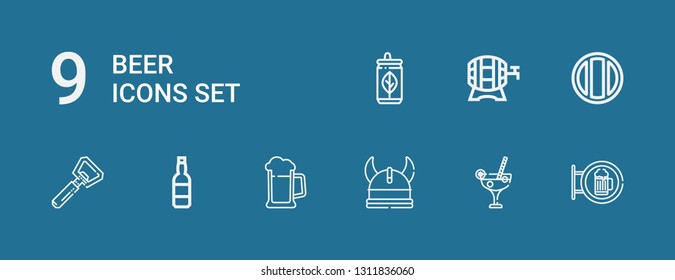 Editable 9 beer icons for web and mobile. Set of beer included icons line Bar, Cocktail, Viking, Beer, Bottle opener, Soda, Can on blue background