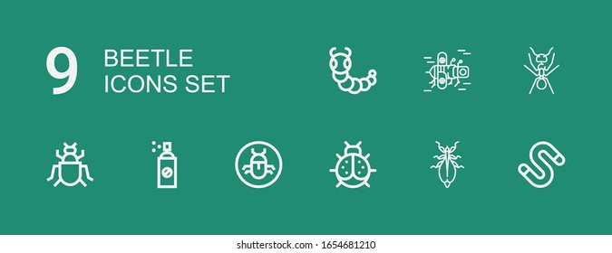 Editable 9 beetle icons for web and mobile. Set of beetle included icons line Worm, Leaf insect, Ladybird, Bug, Insecticide, Insect, Ant, Caterpillar on green background