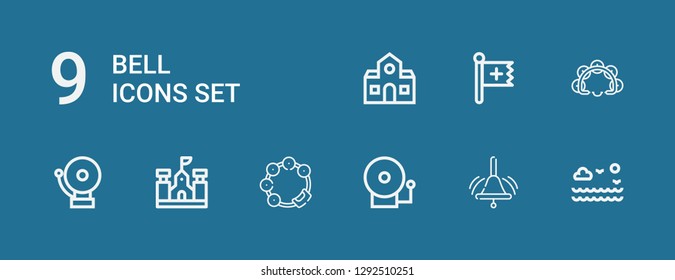 Editable 9 bell icons for web and mobile. Set of bell included icons line Sea, Bell, Alarm Tambourine, School, Alarm, Christian on blue background
