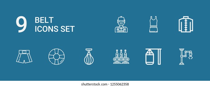 Editable 9 belt icons for web and mobile. Set of belt included icons line Industrial robot, Punching bag, Conveyor, Boxing bag, Lifesaver, Boxing shorts, Kimono on blue background