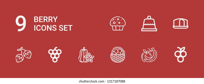 Editable 9 berry icons for web and mobile. Set of berry included icons line Blueberry, Fruits, Fruit, Carambola, Grape, Strawberry, Sponge cake, Dessert, Muffin on red background