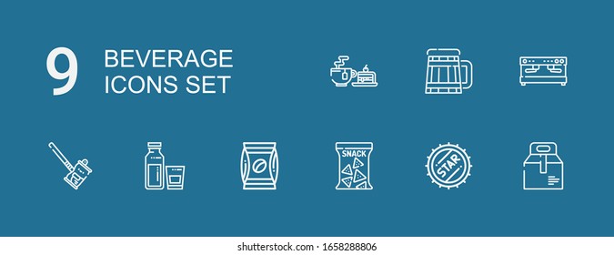 Editable 9 beverage icons for web and mobile. Set of beverage included icons line Take away, Bottle cap, Snack, Coffee, Milk, Soda can, Coffee machine, Beer on blue background