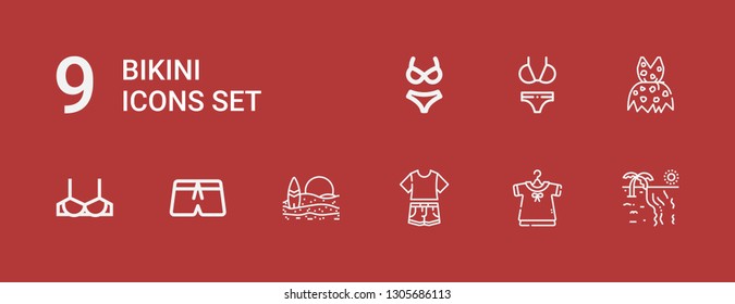 Editable 9 bikini icons for web and mobile. Set of bikini included icons line Beach, Clothing, Clothes, Swimsuit, Brassiere, Bikini on red background