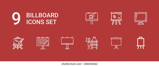 Editable 9 billboard icons for web and mobile. Set of billboard included icons line Canvas, Projector screen, Brick grill, Billboard, Easel, Display, Whiteboard on red background