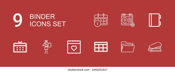 Editable 9 binder icons for web and mobile. Set of binder included icons line Staple, Folder, Calendar, Notebook on red background