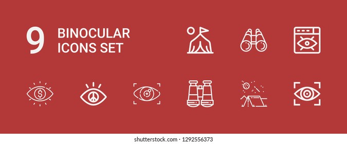 Editable 9 binocular icons for web and mobile. Set of binocular included icons line Vision, Camping, Binoculars, Camp on red background