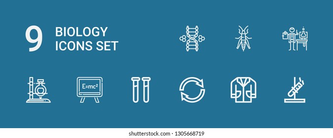 Editable 9 biology icons for web and mobile. Set of biology included icons line Test tube, Lab coat, Reuse, Test tubes, Formula, Flask, Scientist, Grasshopper on blue background