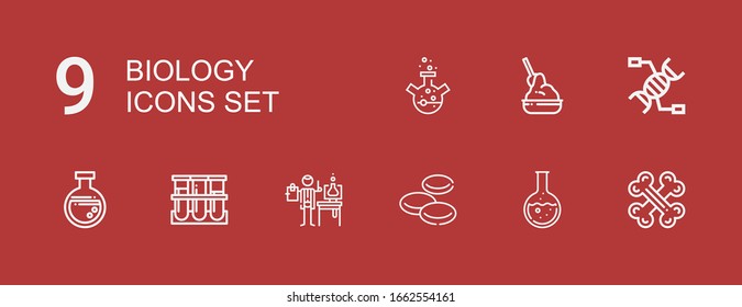 Editable 9 biology icons for web and mobile. Set of biology included icons line Bones, Flask, Blood cells, Scientist, Blood sample, Dna, Yeast on red background