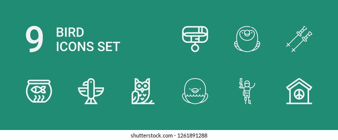 Editable 9 bird icons for web and mobile. Set of bird included icons line Peace, Pirate, Eagle, Owl, Fish bowl, Poles, Macaw, Collar on green background