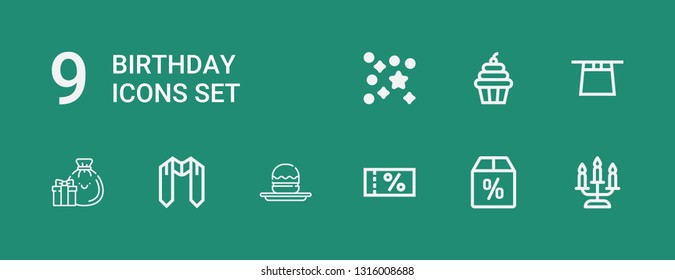 Editable 9 birthday icons for web and mobile. Set of birthday included icons line Candle, Offer, Voucher, Profiterole, Sash, Gifts, Magic hat, Cupcake, Confetti on green background