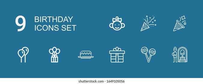 Iconos editables de 9 cumpleaños para web y móvil. Juego de cumpleaños incluido íconos línea de banya ruso, Rattles, Gift, Cake, Balloon, Party, Confetti, Baby on blue back.