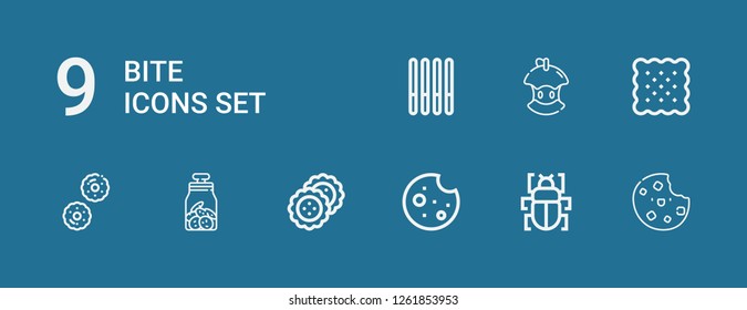 Editable 9 bite icons for web and mobile. Set of bite included icons line Cookie, Fleas, Biscuit, Cookies, Bitten apple on blue background