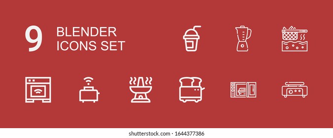 Editable 9 blender icons for web and mobile. Set of blender included icons line Crepe maker, Microwave oven, Toaster, Oven, Fryer, Blender, Smoothie on red background
