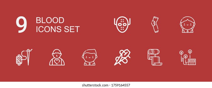 Editable 9 iconos de sangre para web y móvil. Conjunto de sangre incluido íconos línea de frecuencia cardíaca, banda, aguja, donador, almohadillas, asesino serie sobre fondo rojo