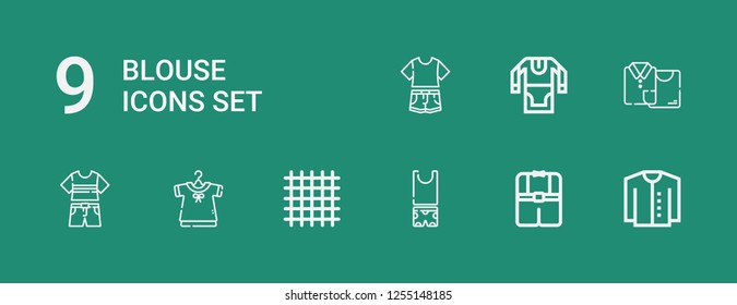 Editable 9 blouse icons for web and mobile. Set of blouse included icons line Cardigan, Clothes, Cloth, Clothing, Tunic on green background