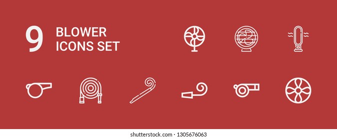 Editable 9 blower icons for web and mobile. Set of blower included icons line Propeller, Whistle, Party whistle, Party blower, Water hose, Fan on red background