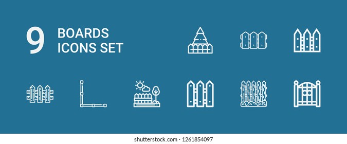 Editable 9 boards icons for web and mobile. Set of boards included icons line Fence, Fences on blue background