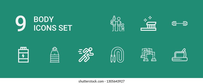 Editable 9 body icons for web and mobile. Set of body included icons line Treadmill, Pushup, Jumping rope, Running, Sauna, Proteins, Barbell, Toothbrush, Family on green background