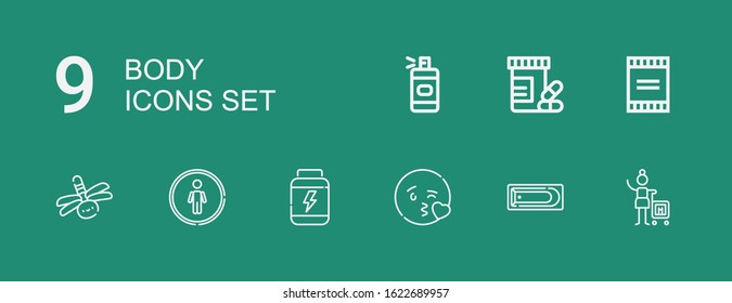 Editable 9 body icons for web and mobile. Set of body included icons line Woman, Bath, Kiss, Proteins, Restroom, Dragonfly, Powder, Vitamins, Spray bottle on green background