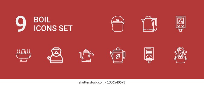 Editable 9 boil icons for web and mobile. Set of boil included icons line Soup, Water heater, Kettle, Hot pot on red background
