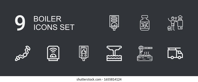 Editable 9 boiler icons for web and mobile. Set of boiler included icons line Plumber, Heater, Geyser, Water heater, Ratchet, Posion on dark background