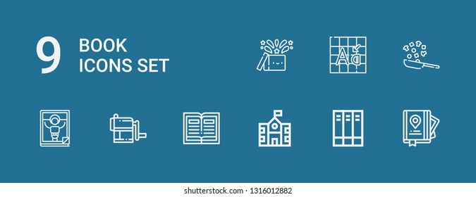 Editable 9 book icons for web and mobile. Set of book included icons line Guide, Books, School, Book, Sharpener, Magazine, Cooking, Font, Magic on blue background