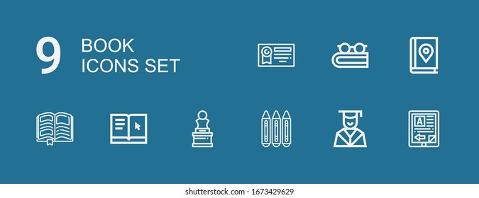 Editable 9 book icons for web and mobile. Set of book included icons line Ebook, Graduation, Crayons, Art, Learning, Book, Map Diploma on blue background