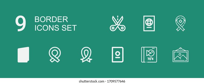 Editable 9 border icons for web and mobile. Set of border included icons line Frame, Album, Passport, Ribbon, Cut on green background