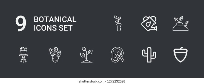 Editable 9 botanical icons for web and mobile. Set of botanical included icons line Acorn, Cactus, Cotton, Sprout, Prickly pear, Watering can on dark background