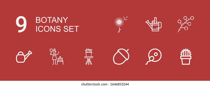 Editable 9 botany icons for web and mobile. Set of botany included icons line Cactus, Fertilization, Acorn, Birch, Watering can, Branch, Dandelion on red background