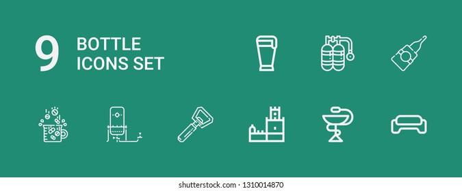 Editable 9 bottle icons for web and mobile. Set of bottle included icons line Gym, Pharmacy, Belem tower, Bottle opener, Oxygen, Drugs, Glue, Beer on green background
