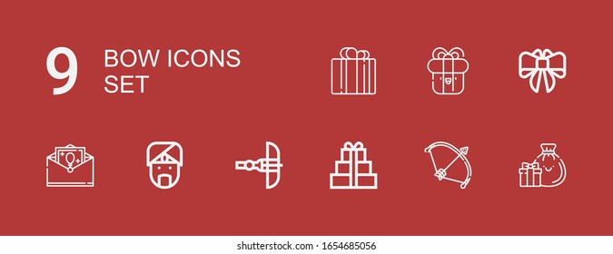 Editable 9 bow icons for web and mobile. Set of bow included icons line Gifts, Bow, Gift, Crossbow, Indian, Greeting card, Present on red background