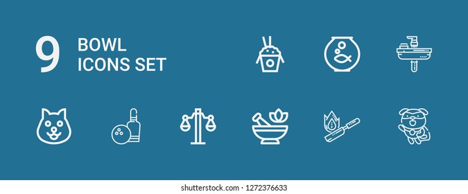 Editable 9 bowl icons for web and mobile. Set of bowl included icons line Dog, Flambe, Mortar, Balance, Bowling, Sink, Fishbowl, Rice on blue background