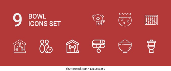Editable 9 bowl icons for web and mobile. Set of bowl included icons line Toilet, Bowl, Collar, Dog house, Bowling, Veterinary, Mixer, Dog on red background