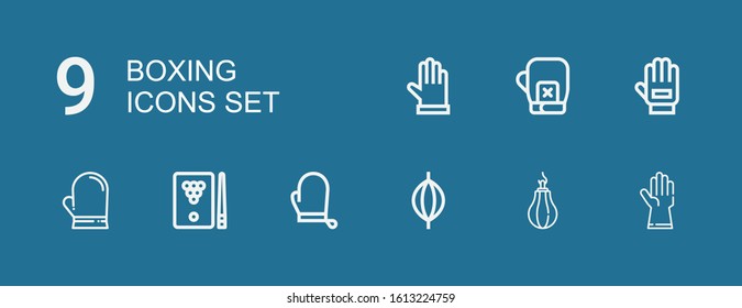 Editable 9 boxing icons for web and mobile. Set of boxing included icons line Gloves, Punching ball, Punching bag, Billiard, Glove, Boxing gloves on blue background