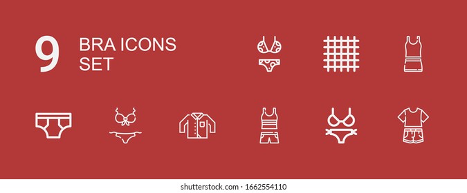 Editable 9 bra icons for web and mobile. Set of bra included icons line Clothes, Bikini, Clothing, Underwear, Cloth on red background