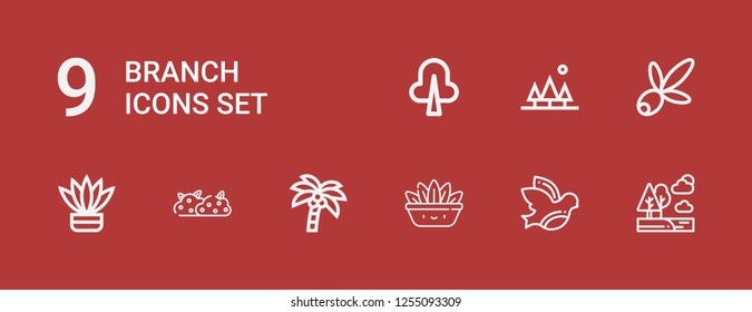 Editable 9 branch icons for web and mobile. Set of branch included icons line Trees, Dove, Fern, Coconut tree, Bush, Olive, Tree on red background
