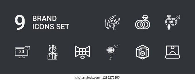 Editable 9 brand icons for web and mobile. Set of brand included icons line Influencer, d, Dandelion, Android, Symbol, Engagement, Dragon on dark background