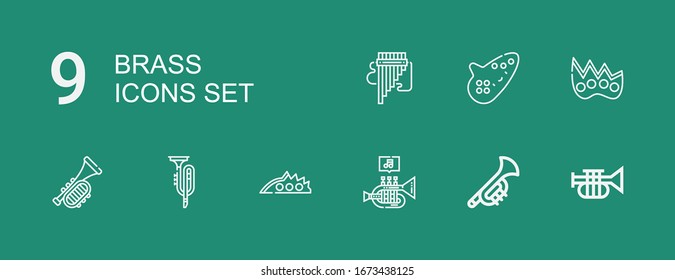 Editable 9 brass icons for web and mobile. Set of brass included icons line Trumpet, Knuckle, Ocarina, Panpipe on green background