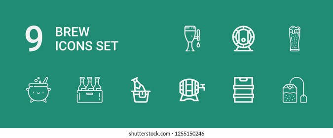 Editable 9 brew icons for web and mobile. Set of brew included icons line Tea bag, Beer, Cauldron on green background