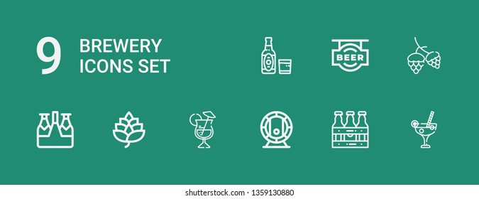 Editable 9 brewery icons for web and mobile. Set of brewery included icons line Cocktail, Beers, Beer, Hop on green background