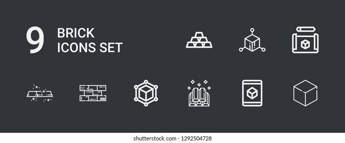 Editable 9 brick icons for web and mobile. Set of brick included icons line Cube, Ingots, Bricks, Gold on dark background