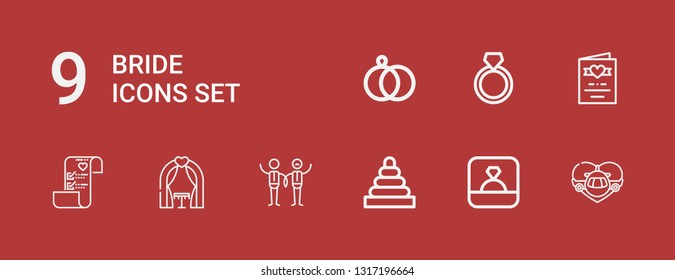 Editable 9 bride icons for web and mobile. Set of bride included icons line Honeymoon, Ring, Rings, Wedding, Wedding arch, Wedding plans, invitation on red background