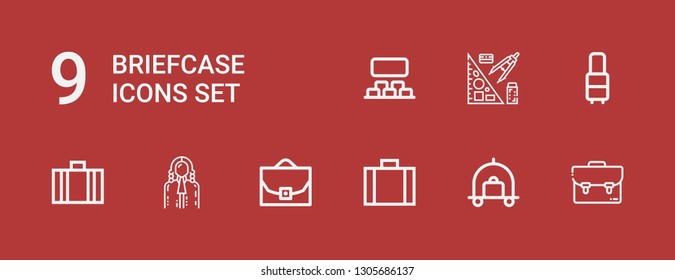 Editable 9 briefcase icons for web and mobile. Set of briefcase included icons line Suitcase, Luggage, Case, Judge, Stationery, Projection on red background