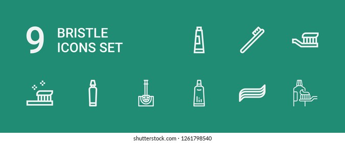 Editable 9 bristle icons for web and mobile. Set of bristle included icons line Toothpaste, Toilet brush, Toothbrush on green background