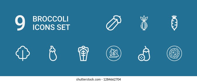 Editable 9 broccoli icons for web and mobile. Set of broccoli included icons line Vegan food, Aubergine, Cabbage, Lettuce, Radish, Onion, Courgette on blue background